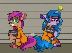 Size: 1964x1434 | Tagged: safe, artist:wgostosos, derpibooru import, izzy moonbow, sunny starscout, ball, clothes, commission, g5, image, izzy's tennis ball, jpeg, line-up, mugshot, never doubt rainbowdash69's involvement, prison outfit, prisoner, tennis ball