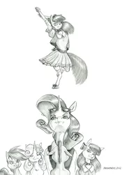 Size: 1100x1510 | Tagged: safe, artist:baron engel, derpibooru import, apple bloom, rarity, scootaloo, sweetie belle, oc, oc:stone mane (baron engel), earth pony, pegasus, pony, unicorn, colt, cutie mark crusaders, female, filly, foal, image, jpeg, male, mare, pencil drawing, story included, traditional art