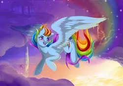 Size: 1200x840 | Tagged: safe, artist:phoenixfox96, derpibooru import, rainbow dash, pegasus, pony, cloud, cloudsdale, female, image, jpeg, large wings, mare, rainbow trail, solo, wings