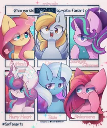 Size: 1715x2048 | Tagged: safe, artist:miryelis, derpibooru import, derpy hooves, fluttershy, pinkie pie, princess flurry heart, starlight glimmer, trixie, alicorn, earth pony, pegasus, pony, unicorn, six fanarts, 6 pony meme, colored, exploitable meme, heart, horn, image, looking at you, meme, pinkamena diane pie, png, short hair, signature, smiling, smiling at you, sparkles, text, wings