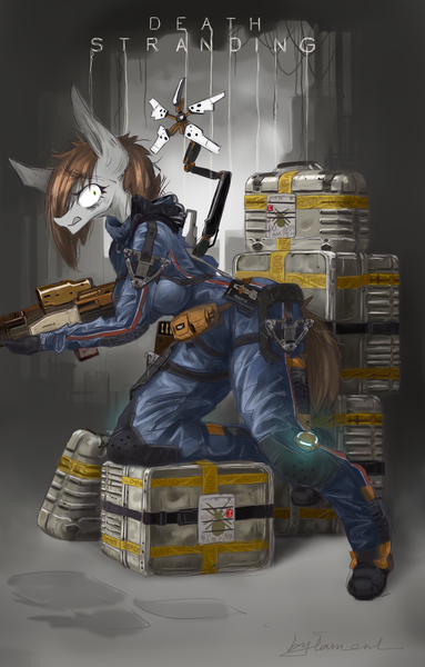 Size: 3000x4703 | Tagged: safe, artist:girlsay, derpibooru import, oc, oc:littlepip, unofficial characters only, anthro, hybrid, zony, fallout equestria, a hideo kojima game, anthro oc, bridges, clothes, crossover, death stranding, female, image, jpeg, luggage, luggage stickers, odradek, solo, video game, weapon