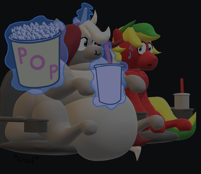 Size: 885x766 | Tagged: safe, artist:plascy, derpibooru import, oc, oc:plascy, oc:turbo stormcharge, unofficial characters only, earth pony, pony, unicorn, 3d, 3d model, cinema, drink, fat, female, food, image, male, mixed media, obese, onomatopoeia, paint 3d, png, popcorn, soda, sweat, sweatdrops, worried, worried smile