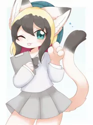 Size: 1526x2048 | Tagged: safe, artist:kuzuyukuro, derpibooru import, oc, unofficial characters only, anthro, cat, abstract background, beanie, blushing, bowtie, catified, clipboard, clothes, eye clipping through hair, female, hat, image, jpeg, looking at you, one eye closed, simple background, skirt, solo, species swap, stars, tail, tongue out, white background, wink, winking at you