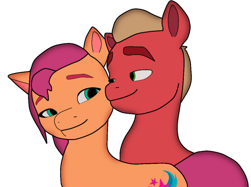 Size: 1072x800 | Tagged: safe, artist:sproutscoutotp, derpibooru import, sprout cloverleaf, sunny starscout, earth pony, pony, my little pony: a new generation, blonde hair, couple, female, g5, image, looking at each other, looking at someone, male, mare, orange coat, png, purple hair, red coat, shipping, simple background, stallion, straight, sunnysprout, transparent background