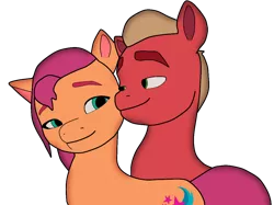 Size: 1072x800 | Tagged: safe, artist:sproutscoutotp, derpibooru import, sprout cloverleaf, sunny starscout, earth pony, pony, my little pony: a new generation, blonde hair, couple, female, g5, image, looking at each other, looking at someone, male, mare, orange coat, png, purple hair, red coat, shipping, simple background, stallion, straight, sunnysprout, transparent background