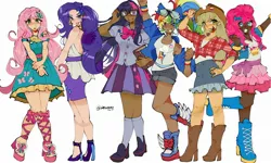 Size: 2128x1280 | Tagged: safe, artist:batsoggy, derpibooru import, kotobukiya, applejack, fluttershy, pinkie pie, rainbow dash, rarity, twilight sparkle, human, agender, asexual pride flag, bare shoulders, bisexual pride flag, clothes, cutie mark, cutie mark on clothes, dark skin, demisexual pride flag, female, front knot midriff, glasses, goggles, high heels, humanized, image, jpeg, kotobukiya applejack, kotobukiya fluttershy, kotobukiya pinkie pie, kotobukiya rainbow dash, kotobukiya rarity, kotobukiya twilight sparkle, lesbian pride flag, looking at you, mane six, midriff, pansexual pride flag, pride, pride flag, shoes, simple background, transgender pride flag, white background