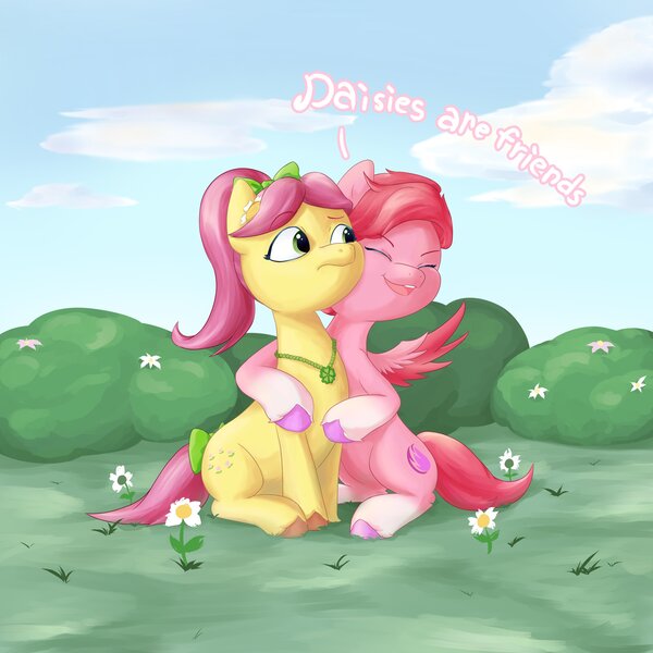 Size: 4096x4096 | Tagged: safe, artist:felldeal, derpibooru import, posey (g5), my little pony: make your mark, daisy (flower), duo, g5, image, jpeg, poseywind, windy (g5)