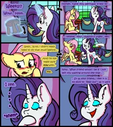 Size: 2400x2700 | Tagged: suggestive, artist:mc_arts, derpibooru import, fluttershy, rarity, pegasus, pony, unicorn, comic:helping out, blushing, comic, dialogue, female, flustered, image, implied futashy, implied masturbation, levitation, magic, magic aura, png, spread wings, stool, telekinesis, wingboner, wings