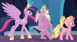 Size: 1798x986 | Tagged: safe, artist:red4567, derpibooru import, luster dawn, princess twilight 2.0, spike, twilight sparkle, twilight sparkle (alicorn), alicorn, dragon, pony, unicorn, the last problem, 3d, chad, dr. livesey walk, gigachad spike, image, meme, older, older spike, older twilight, png, source filmmaker, treasure island, walking, winged spike, wings