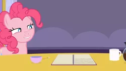 Size: 1920x1080 | Tagged: safe, artist:agrol, derpibooru import, pinkie pie, earth pony, pony, coffee, coffee mug, coffee pot, cup, female, grin, image, lidded eyes, mare, mug, notebook, pencil, png, smiling, smug, solo, table, tales of adventurers, teacup