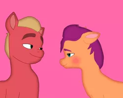 Size: 1250x1000 | Tagged: safe, artist:sproutscoutotp, derpibooru import, sprout cloverleaf, sunny starscout, earth pony, pony, my little pony: a new generation, bedroom eyes, blonde mane, blushing, couple, female, g5, image, looking at each other, looking at someone, male, mare, orange coat, png, purple mane, red coat, shipping, simple background, smiling, smiling at each other, stallion, straight, sunnysprout