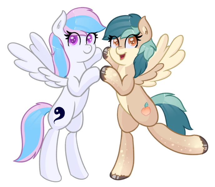 Size: 2751x2400 | Tagged: safe, artist:eyeburn, derpibooru import, oc, oc:peacher, oc:starburn, pegasus, pony, bipedal, holding hooves, image, looking at you, pale belly, png, simple background, socks (coat marking), spread wings, transparent background, unshorn fetlocks, wings