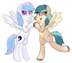 Size: 2751x2400 | Tagged: safe, artist:eyeburn, derpibooru import, oc, oc:peacher, oc:starburn, pegasus, pony, bipedal, holding hooves, image, looking at you, pale belly, png, simple background, socks (coat marking), spread wings, transparent background, unshorn fetlocks, wings