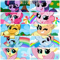 Size: 1080x1080 | Tagged: safe, artist:kittyrosie, derpibooru import, applejack, fluttershy, pinkie pie, rainbow dash, twilight sparkle, twilight sparkle (alicorn), alicorn, butterfly, earth pony, insect, pegasus, pony, unicorn, 2020, 2022, applejack's hat, blushing, candy, cloud, comparison, cowboy hat, cute, dashabetes, diapinkes, flying, food, grin, hat, image, jackabetes, jpeg, lollipop, looking at you, one eye closed, open mouth, open smile, rainbow, shyabetes, smiling, smiling at you, spread wings, starry eyes, tree, twiabetes, wingding eyes, wings, wink, winking at you