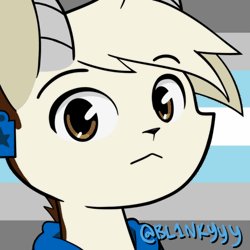 Size: 500x500 | Tagged: safe, artist:bl1nkyyy, derpibooru import, oc, oc:hazel bloons, unofficial characters only, goat, animated, brown eyes, bust, clothes, commission, demiboy pride flag, ear tag, eyebrows, eyes closed, eyes open, gif, hoodie, horns, image, looking at you, male, portrait, pride, pride flag, solo, talking, white fur, ych result