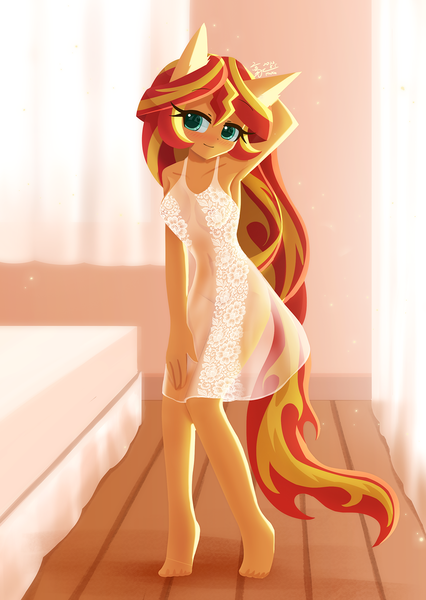 Size: 1000x1407 | Tagged: questionable, artist:howxu, derpibooru import, sunset shimmer, anthro, plantigrade anthro, areola, arm behind head, armpits, bed, blushing, breasts, clothes, image, looking at you, nipples, nudity, png, see-through, stupid sexy sunset shimmer