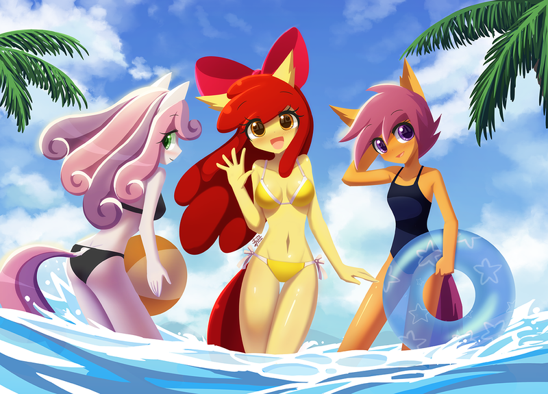 Size: 1392x1000 | Tagged: suggestive, artist:howxu, derpibooru import, apple bloom, scootaloo, sweetie belle, anthro, adult, beach, beach ball, belly button, bikini, breasts, clothes, cutie mark crusaders, image, inner tube, legs in the water, older, older apple bloom, older scootaloo, older sweetie belle, one-piece swimsuit, open mouth, palm tree, png, summer, swimsuit, tree, water, wingless