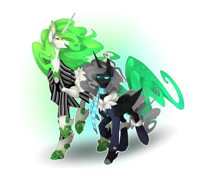 Size: 2500x2263 | Tagged: safe, artist:taiga-blackfield, derpibooru import, oc, oc:eos, oc:malice, unofficial characters only, alicorn, pony, alicorn oc, duo, horn, image, png, simple background, transparent background, wings