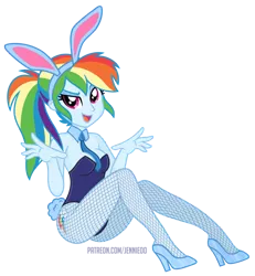Size: 925x1000 | Tagged: suggestive, artist:jennieoo, derpibooru import, rainbow dash, equestria girls, bunny ears, bunny suit, clothes, female, fishnets, high heels, image, necktie, playboy bunny, playboy bunny rainbow dash, png, sexy, shoes, show accurate, simple background, solo, tights, transparent background, vector