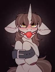 Size: 2300x3000 | Tagged: suggestive, alternate version, artist:argigen, derpibooru import, oc, oc:silver bubbles, unofficial characters only, pony, unicorn, ballgag, belt, blushing, bondage, femboy, floppy ears, gag, high res, image, male, open mouth, png, simple background, tongue out