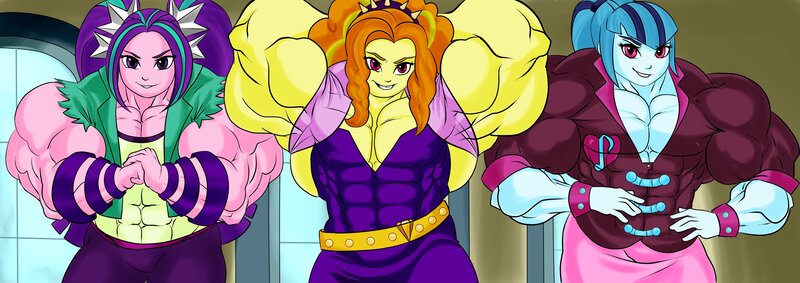 Size: 4096x1448 | Tagged: suggestive, derpibooru import, adagio dazzle, aria blaze, sonata dusk, equestria girls, abs, acardio dazzle, aria brute, arm behind head, biceps, buff breasts, female, fetish, image, jpeg, muscle fetish, muscles, muscular female, pecs, swolenata dusk, the dazzlings