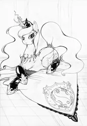 Size: 848x1232 | Tagged: safe, artist:longinius, derpibooru import, princess luna, alicorn, pony, clothed ponies, clothes, coat of arms, crest, female, grayscale, horn, horn jewelry, image, jewelry, jpeg, lineart, lying down, mare, monochrome, prone, socks, solo, tail, tail wrap, traditional art