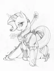 Size: 762x1000 | Tagged: suggestive, artist:longinius, derpibooru import, rarity, pony, unicorn, series:rarity's secret, bridle, butt, cloak, clothed ponies, clothes, dock, female, grayscale, image, jpeg, lingerie, magic, mare, monochrome, panties, plot, rearity, socks, solo, solo female, stockings, tack, tail, thigh highs, thong, traditional art, underwear