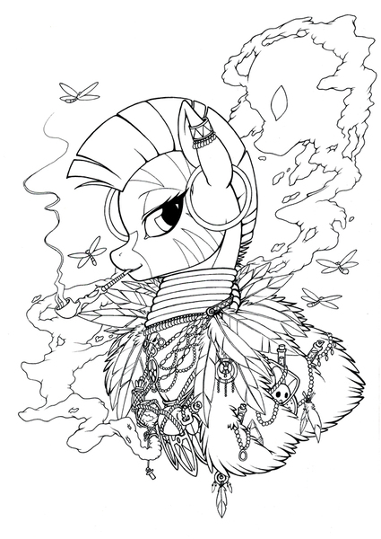 Size: 621x877 | Tagged: safe, artist:longinius, derpibooru import, zecora, dragonfly, insect, zebra, bust, ear piercing, earring, feather, female, grayscale, image, jewelry, jpeg, lineart, monochrome, piercing, pipe, portrait, potion, smoking, solo, traditional art