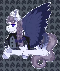 Size: 1700x2000 | Tagged: safe, artist:punkpride, inky rose, pegasus, pony, alternate design, braid, clothes, coat markings, colored hooves, feathered ears, female, gray background, image, looking at you, lying down, mare, png, simple background, smiling, solo, two toned wings, wings