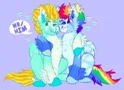 Size: 3000x2200 | Tagged: safe, artist:punkpride, lightning dust, rainbow dash, pegasus, pony, alternate design, coat markings, colored hooves, feathered ears, feathered fetlocks, floating heart, heart, hoof on shoulder, image, one eye closed, open mouth, png, pride, pride flag, pronouns, purple background, simple background, sitting, smiling, speech bubble, text, trans male, transgender, transgender pride flag, twitterina design