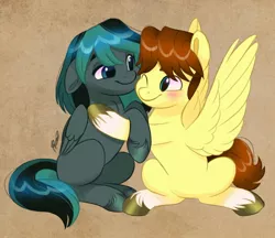 Size: 1448x1253 | Tagged: safe, artist:artharuhi, derpibooru import, ponified, pegasus, pony, blushing, cody, duo, duo male and female, female, gwen, hug, image, jpeg, looking at each other, male, mare, stallion, total drama, total drama island