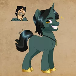 Size: 1200x1200 | Tagged: safe, artist:artharuhi, derpibooru import, ponified, human, pony, unicorn, beard, chris, colored hooves, facial hair, gold hooves, image, jewelry, jpeg, looking at you, male, necklace, smiling, stallion, total drama, total drama island