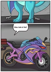 Size: 1280x1811 | Tagged: safe, artist:rex-equinox, derpibooru import, part of a set, princess ember, dragon, comic:wheels over wings, commission, image, jpeg, landing, motorcycle, speech bubble