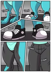 Size: 1280x1811 | Tagged: safe, artist:rex-equinox, derpibooru import, part of a set, princess ember, dragon, comic:wheels over wings, clothes, comic, commission, dragon to human, image, jpeg, onomatopoeia, pants, shoes, speech bubble, transformation