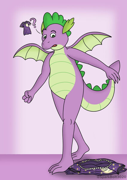 Size: 1024x1449 | Tagged: safe, artist:sparkbolt3020, derpibooru import, part of a set, spike, dragon, clothes, commission, image, jpeg, nightgown, transformation, transformation sequence