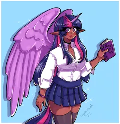Size: 3024x3143 | Tagged: safe, artist:ashes-arts, artist:mylittleyuri, derpibooru import, twilight sparkle, human, alicorn humanization, book, bracelet, breasts, busty twilight sparkle, clothes, cute, dark skin, ear piercing, earring, elf ears, horn, horned humanization, humanized, image, jewelry, open clothes, open shirt, piercing, png, shirt, skirt, socks, solo, stockings, thigh highs, twiabetes, winged humanization, wings