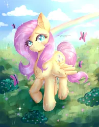 Size: 2450x3150 | Tagged: safe, artist:ashes-arts, artist:mylittleyuri, artist:twi-shys, derpibooru import, fluttershy, butterfly, insect, pegasus, pony, blushing, chest fluff, cloud, cute, ear fluff, female, image, jpeg, leg fluff, mare, rainbow, shyabetes, solo