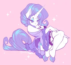 Size: 1280x1169 | Tagged: safe, artist:spookielee, derpibooru import, rarity, anthro, unguligrade anthro, unicorn, big ears, big eyelashes, big hair, big horn, bra, breasts, clothes, garter belt, horn, image, jpeg, lidded eyes, lingerie, looking at you, panties, pinup, robe, see-through, socks, solo, stockings, thigh highs, thighs, underwear