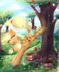 Size: 2314x2808 | Tagged: safe, artist:ashes-arts, artist:mylittleyuri, artist:twi-shys, derpibooru import, applejack, earth pony, pony, apple, apple tree, applebucking, applejack mid tree-buck facing the left with 3 apples falling down, applejack mid tree-buck with 3 apples falling down, blushing, bucket, cute, ear fluff, falling, female, food, hatless, image, jackabetes, jpeg, leg fluff, mare, missing accessory, scenery, solo, tree