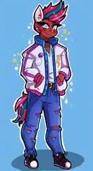 Size: 1335x2445 | Tagged: safe, artist:ashes-arts, artist:mylittleyuri, derpibooru import, zipp storm, human, adorazipp, belt, bisexual pride flag, clothes, converse, cute, dark skin, ear piercing, eared humanization, earring, female, g5, humanized, image, jacket, jeans, jewelry, pants, piercing, png, pride, pride flag, ripped jeans, ripped pants, shirt, shoes, solo, t-shirt, tail, tailed humanization, torn clothes, trans female, transgender, transgender pride flag