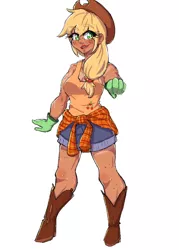 Size: 1750x2450 | Tagged: safe, artist:ashes-arts, artist:mylittleyuri, derpibooru import, applejack, human, applejack's hat, boots, clothes, cowboy boots, cowboy hat, cute, denim, denim shorts, female, flannel, freckles, gloves, hat, humanized, image, jackabetes, jpeg, open mouth, pointing, pointing at you, shoes, shorts, simple background, solo, tan lines, tanktop, tanned, white background