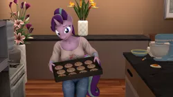Size: 3840x2160 | Tagged: safe, artist:coolc, derpibooru import, starlight glimmer, anthro, unicorn, 3d, baking sheet, bowl, breasts, clothes, cookie, denim, egg, female, flower, food, image, jeans, kitchen, mixing bowl, pants, png, source filmmaker, stove