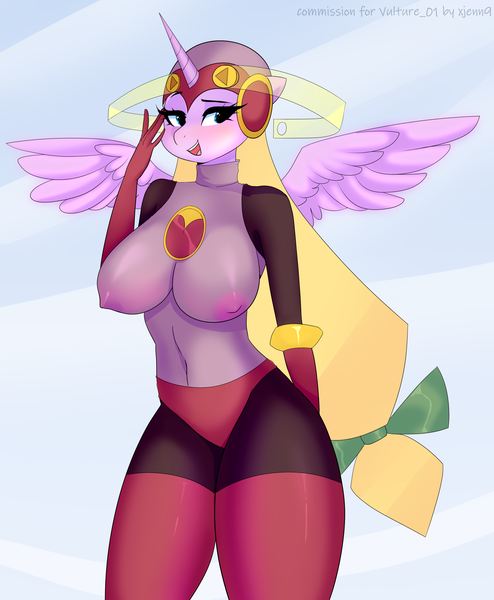 Size: 2472x3000 | Tagged: questionable, artist:xjenn9, derpibooru import, oc, oc:sapphire night, unofficial characters only, alicorn, anthro, pony, alicorn oc, breasts, clothes, crossover, female, high res, horn, image, mare, megaman battle network, nipples, nudity, open mouth, open smile, png, roll.exe, see-through, smiling, solo, solo female, wings