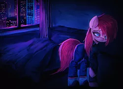 Size: 2337x1702 | Tagged: safe, artist:menalia, derpibooru import, pinkie pie, cyborg, cyborg pony, earth pony, pony, alternate hairstyle, alternate universe, bed, blanket, city, clothes, curtains, cyberpunk, depressed, female, image, mare, night, pants, pillow, pinkamena diane pie, png, room, sad, shirt, slippers, socks