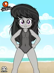 Size: 1920x2600 | Tagged: safe, artist:theminus, derpibooru import, octavia melody, equestria girls, beach, clothes, female, hand on hip, image, jpeg, one-piece swimsuit, show accurate, solo, swimsuit, younger
