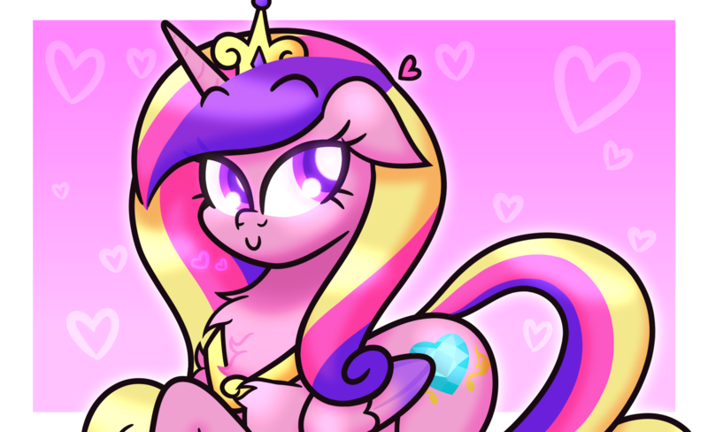 Size: 5580x3402 | Tagged: safe, artist:iceflower99, derpibooru import, princess cadance, alicorn, pony, c:, chest fluff, crown, eye clipping through hair, floppy ears, heart, image, jewelry, looking up, png, purple eyes, regalia, shoulder fluff, simple background, smiling, solo, video at source, video in description