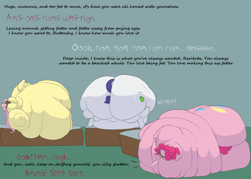 Size: 3500x2500 | Tagged: questionable, semi-grimdark, artist:lupin quill, derpibooru import, fluttershy, pinkie pie, rarity, pegasus, pony, unicorn, fanfic:feedbag, series:the feedbag six (weight gain), bad end, bag, balloonbutt, bedroom eyes, belly, belly bed, belly button, belly grab, belly on floor, big belly, bingo wings, blob, blushing, bondage, butt, chubby cheeks, dialogue, double chin, eating, fanfic art, fat, fat fetish, fat wings, fattershy, feed bag, feeding, fetish, flutterbutt, force feeding, hand, huge belly, humiliation, image, immobile, implied queen chrysalis, impossibly large belly, imprisoned, jiggle, large butt, magic, magic hands, morbidly obese, muffled words, multichin, near immobile, obese, offscreen character, piggy pie, plot, png, property damage, pudgy pie, raritubby, rearity, rolls of fat, simple background, slap, spanking, spoilers for another series, teasing, the ass was fat, underhoof, weight gain, weight gain sequence, wings