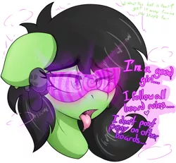 Size: 2904x2688 | Tagged: safe, artist:czu, derpibooru import, oc, oc:anonfilly, unofficial characters only, earth pony, pony, ahegao, blushing, brainwashing, drool, earbuds, female, filly, hypnogear, image, mind control, open mouth, png, sweat, tongue out, visor