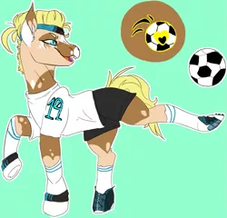 Size: 841x807 | Tagged: safe, artist:bluemoondiadoom, derpibooru import, oc, oc:trick-shot, earth pony, pony, blue background, clothes, female, football, headband, image, mare, markings, open mouth, png, raised hoof, raised leg, shirt, shoes, shorts, simple background, socks, solo, sports, sports shorts, sweatband, t-shirt