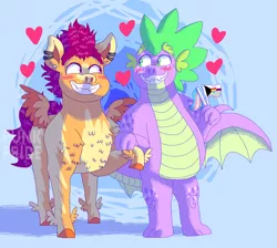 Size: 1900x1700 | Tagged: safe, artist:punkpride, spike, dragon, pegasus, pony, alternate design, blue background, colored hooves, ear piercing, feathered fetlocks, female, floating heart, gay, heart, holding hands, image, looking at each other, male, piercing, png, pride, pride flag, rule 63, scootaspike, scooteroll, shipping, simple background, smiling, standing, straight, transgender, transgender pride flag, twitterina design